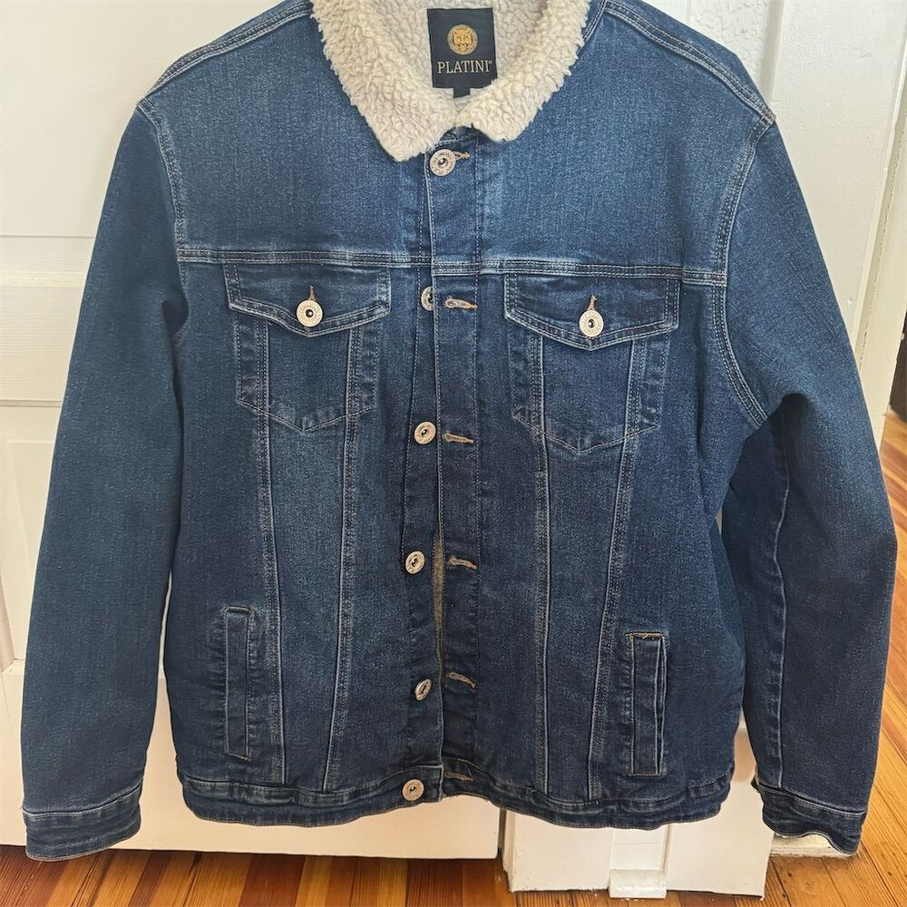 Platini Men's Blue Fur Lined Denim Bomber Jacket size L Vintage Style